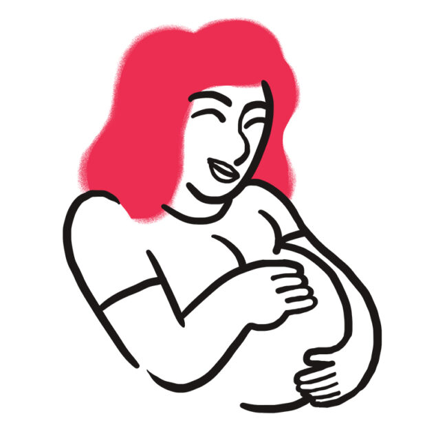 Strichzeichnung einer lächelnden Schwangeren mit roten Haaren, die mit einem Arm ihren Bauch hält und mit dem anderen auf ihrer Brust ruht, vor einem weißen Hintergrund.