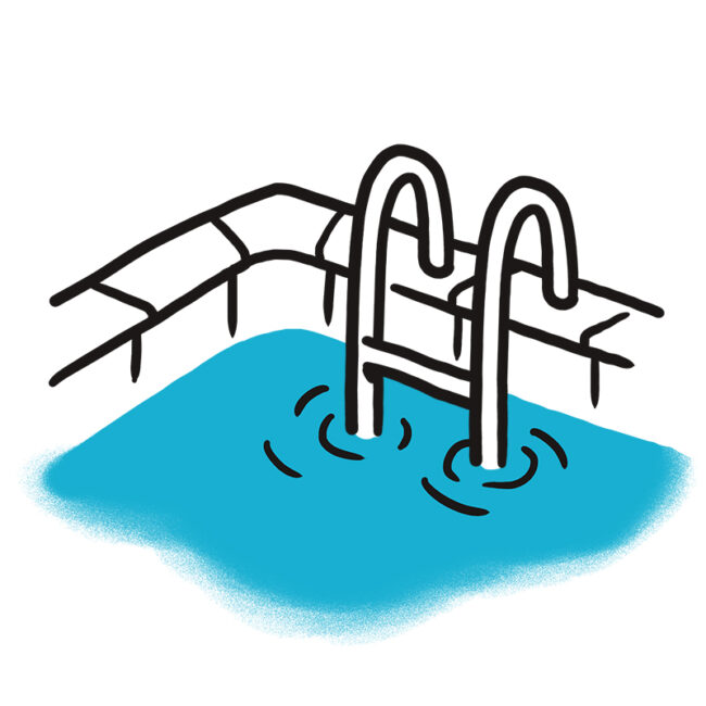 Eine Zeichnung einer Swimmingpool-Ecke mit blauem Wasser und einer Metallleiter, die vom Pooldeck ins Wasser ragt und kleine Wellen um sich herum erzeugt.