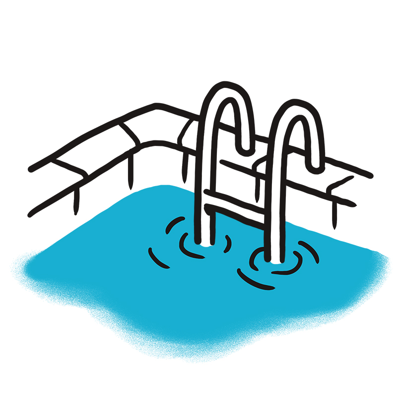 Eine Zeichnung einer Swimmingpool-Ecke mit blauem Wasser und einer Metallleiter, die vom Pooldeck ins Wasser ragt und kleine Wellen um sich herum erzeugt.