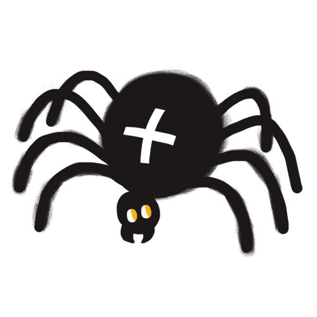Eine schwarze Spinne im Cartoon-Stil mit einem weißen Kreuz auf dem Rücken, gelben Augen und Zangen, gezeichnet auf einem einfachen weißen Hintergrund.