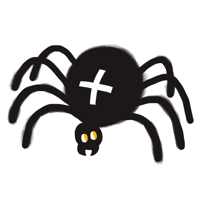 Eine schwarze Spinne im Cartoon-Stil mit einem weißen Kreuz auf dem Rücken, gelben Augen und Zangen, gezeichnet auf einem einfachen weißen Hintergrund.
