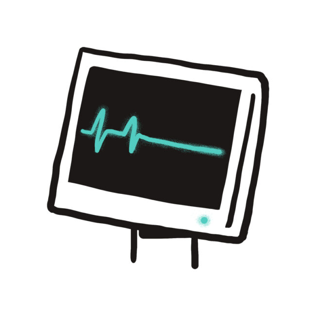 Eine einfache Illustration eines Herzfrequenzmessgeräts, das eine blaugrüne Pulslinie auf einem schwarzen Bildschirm anzeigt, mit einem weißen Rand und zwei kurzen Beinen vor einem schlichten weißen Hintergrund.