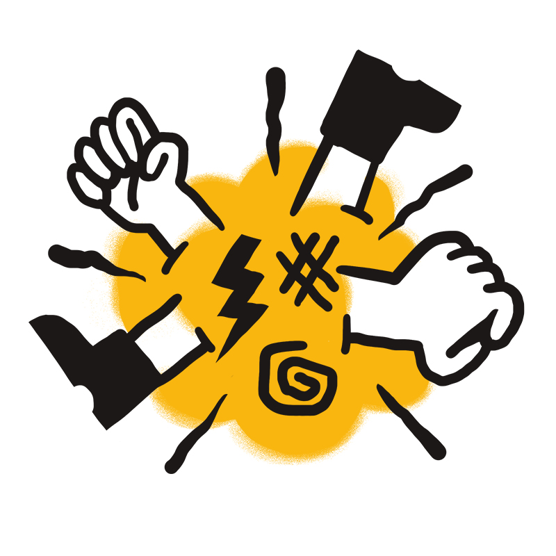 Cartoon-Fäuste und -Stiefel treffen auf eine gelbe Explosion, mit Symbolen wie einem Blitz und einem Wirbel, die Chaos, Wut oder Kampf suggerieren.