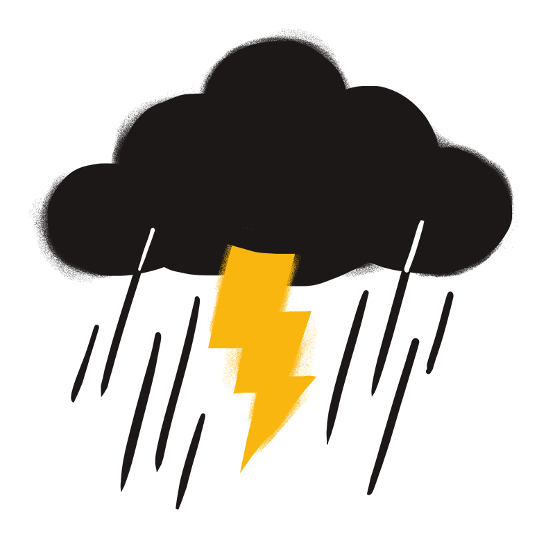 Illustration einer dunklen Wolke mit fallendem Regen und einem hellen gelben Blitz, der von der Mitte aus nach unten schlägt, alles auf weißem Hintergrund.