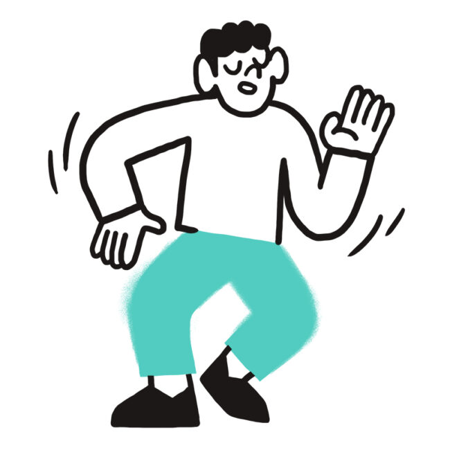 Einfache Cartoon-Illustration einer Person mit dunklem Haar, hellem Hemd und blaugrüner Hose, die mit gebeugten Knien und erhobenen Armen in einer lebhaften Pose tanzt.
