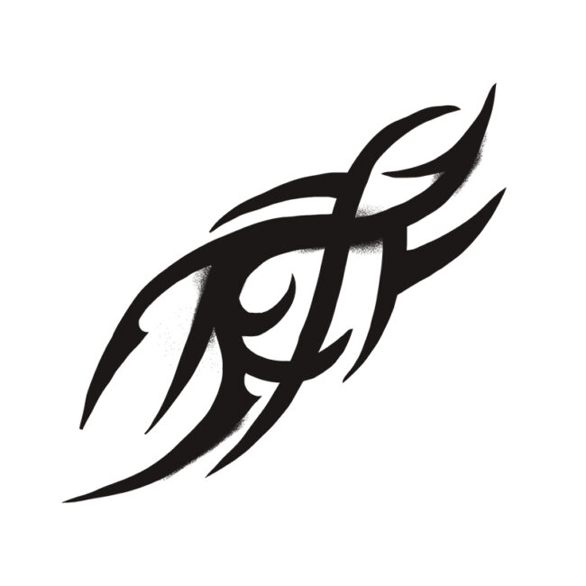 Abstraktes schwarzes Tribal-Tattoo-Design mit kühnen, geschwungenen Linien und scharfen Kanten, die ein kompliziertes, symmetrisches Muster auf weißem Hintergrund bilden.