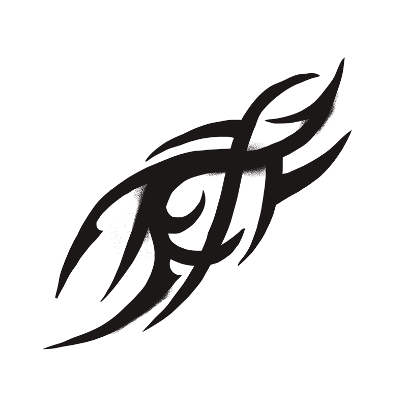 Abstraktes schwarzes Tribal-Tattoo-Design mit kühnen, geschwungenen Linien und scharfen Kanten, die ein kompliziertes, symmetrisches Muster auf weißem Hintergrund bilden.