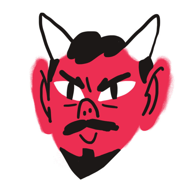 Cartoon-Illustration eines roten Teufelsgesichts mit großen spitzen Ohren, weißen Hörnern, schwarzem Schnurrbart, Ziegenbart und wütendem Ausdruck. Die Zeichnung ist fett und verwendet dicke schwarze Linien.