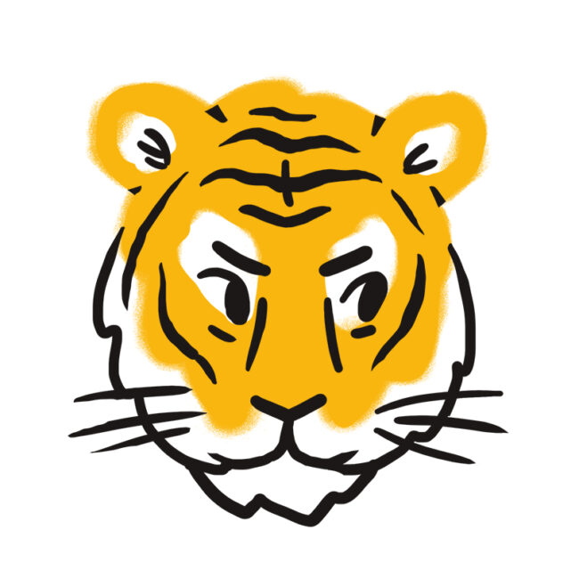 Einfache, stilisierte Illustration eines Tigerkopfes mit fetten schwarzen Linien und gelber Färbung, mit ausdrucksstarken Augen und einem weißen Hintergrund.