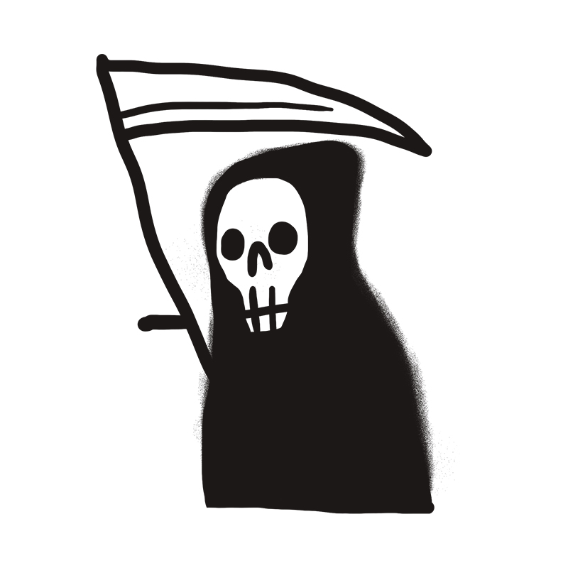 Eine einfache Schwarz-Weiß-Illustration des Sensenmannes, dargestellt als Kapuzenfigur mit Totenkopfgesicht, die eine große Sense hält.