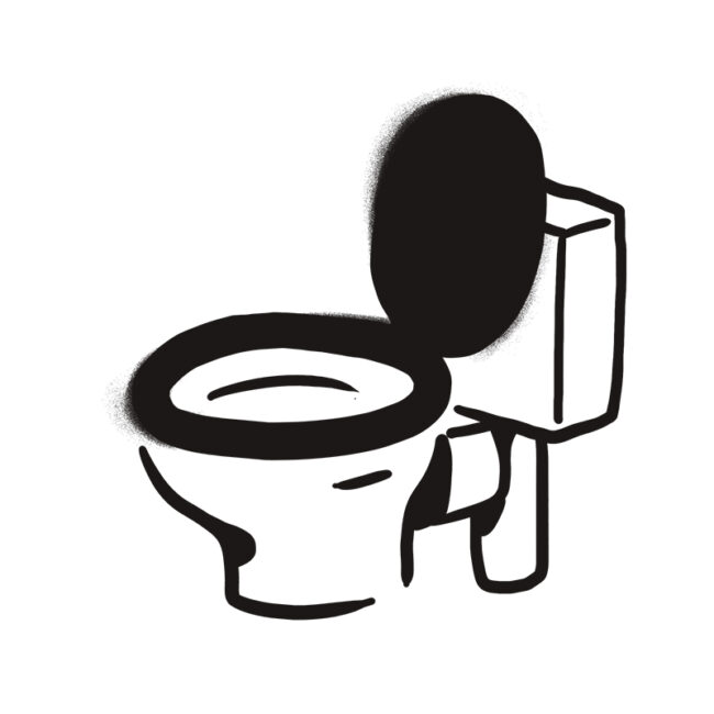 Schwarz-Weiß-Zeichnung einer Toilette mit angehobenem Sitz und Deckel, aus einem Winkel betrachtet, der die Schüssel, den Tank und den Boden zeigt. Die Illustration hat kühne, einfache Linien und minimale Details.