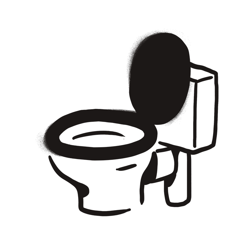 Schwarz-Weiß-Zeichnung einer Toilette mit angehobenem Sitz und Deckel, aus einem Winkel betrachtet, der die Schüssel, den Tank und den Boden zeigt. Die Illustration hat kühne, einfache Linien und minimale Details.