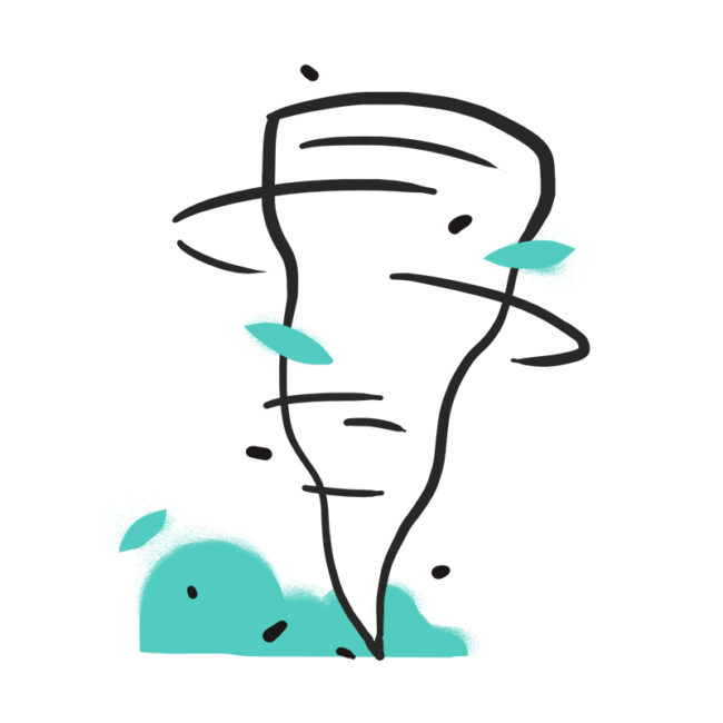 Eine einfache, handgezeichnete Illustration eines Tornados mit wirbelnden Linien und Blättern, der auf dem Boden aufschlägt, mit hellblauen Akzenten, die Trümmer oder Wind darstellen.