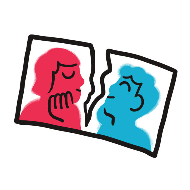 Eine zerrissene Fotoillustration zeigt eine rote und eine blaue Person, die sich gegenüberstehen und eine zerbrochene Beziehung oder Trennung symbolisieren.