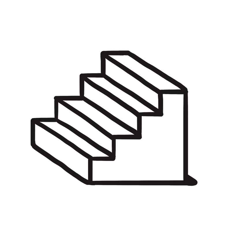 Eine einfache schwarze und weiße Strichzeichnung einer Treppe mit vier Stufen, aus einem Winkel betrachtet, auf einem schlichten weißen Hintergrund.