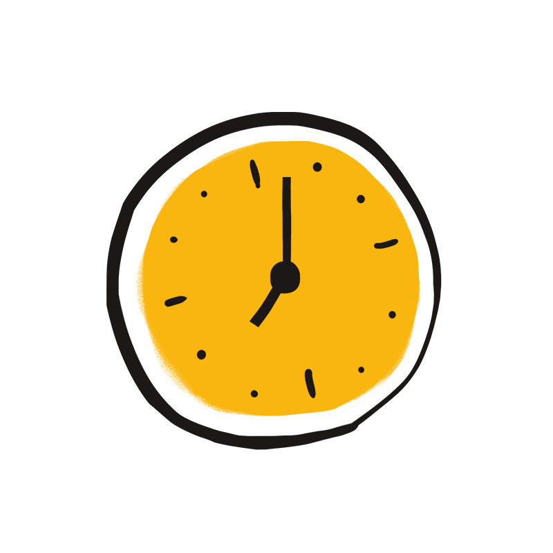 Eine einfache, von Hand gezeichnete gelbe Uhr mit schwarzen Stunden- und Minutenzeigern, die die Zeit als 7 Uhr anzeigen, auf einem weißen Hintergrund.