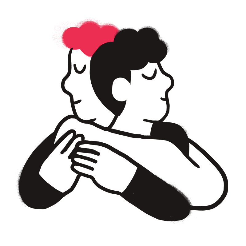 Eine minimalistische Illustration zweier Menschen, die sich umarmen, mit geschlossenen Augen, wobei die Haare der einen Person rot und die der anderen schwarz gefärbt sind, vor einem weißen Hintergrund.