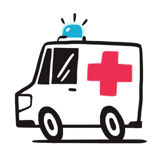 Illustration eines Krankenwagens im Cartoon-Stil mit einem großen roten Kreuz an der Seite und einem blauen Notlicht an der Spitze vor einem weißen Hintergrund.