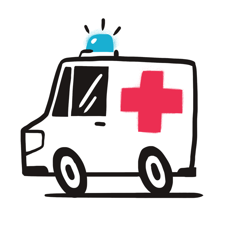 Illustration eines Krankenwagens im Cartoon-Stil mit einem großen roten Kreuz an der Seite und einem blauen Notlicht an der Spitze vor einem weißen Hintergrund.