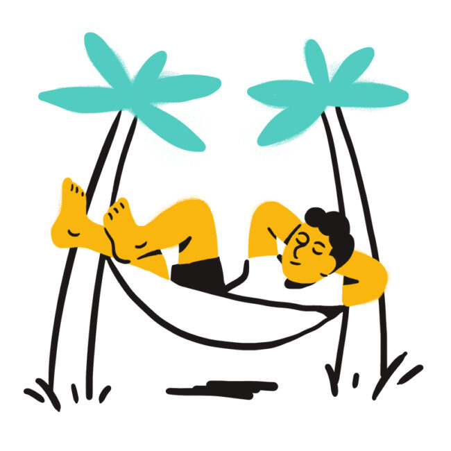 Illustration einer Person, die sich in einer zwischen zwei Palmen aufgespannten Hängematte entspannt, die Arme hinter dem Kopf verschränkt und die Beine gekreuzt hat und zufrieden und friedlich aussieht.