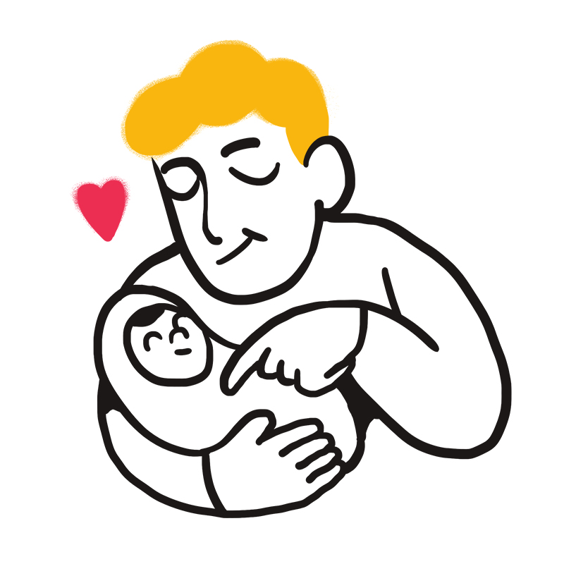 Eine Person mit gelben Haaren hält liebevoll ein gewickeltes Baby und berührt sanft das Gesicht des Babys. Ein rotes Herzsymbol erscheint in der Nähe ihrer Gesichter und deutet Zuneigung an. Das Bild ist in einem einfachen Cartoon-Stil gezeichnet.
