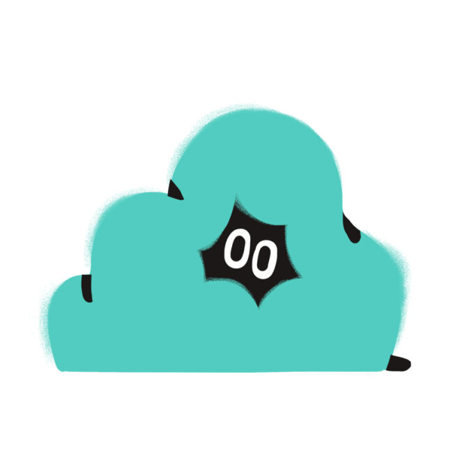 Eine blaugrüne, wolkenähnliche Form mit einem schwarzen Sternenhimmel in der Mitte, in dem weiße 00 zu sehen sind.