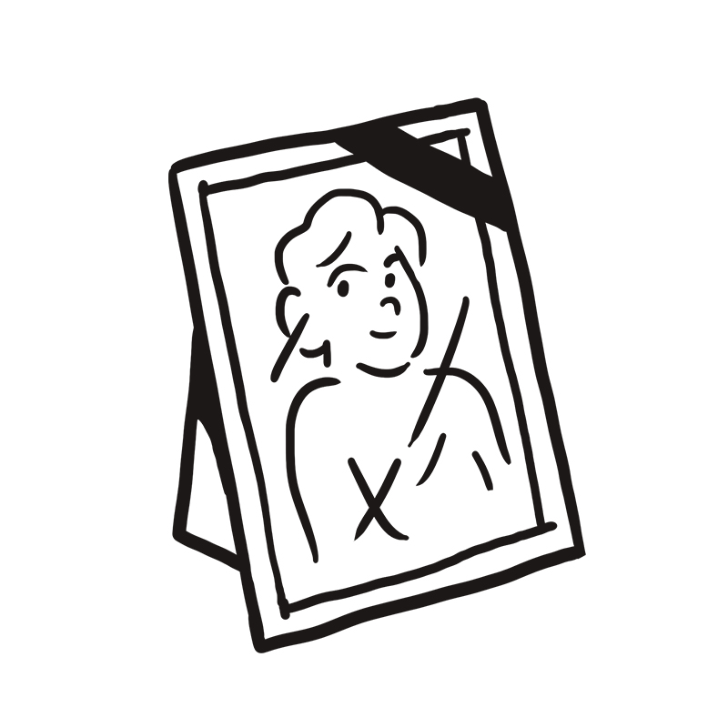 Eine Schwarz-Weiß-Zeichnung eines gerahmten Porträts mit einem diagonal verlaufenden schwarzen Band und einem quer über das Bild verlaufenden X, was darauf hindeutet, dass es sich um ein Erinnerungsfoto handelt.