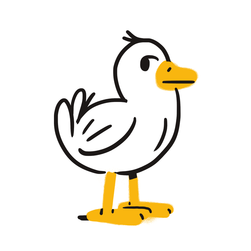 Einfache Zeichnung einer Ente im Cartoon-Stil mit weißem, schwarz umrandetem Körper, gelbem Schnabel und gelben Beinen, stehend und nach rechts gewandt auf einem schlichten weißen Hintergrund.