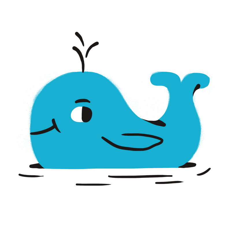 Ein einfacher Blauwal im Cartoon-Stil mit einem lächelnden Gesicht und einem Wasserspeier auf dem Kopf, der im Wasser schwimmt.
