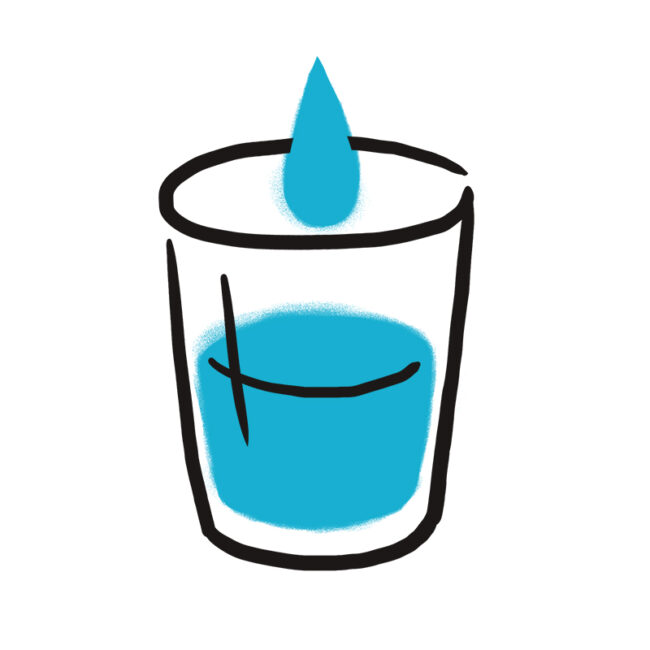 Eine einfache Zeichnung eines Wasserglases mit einem blauen Wassertropfen darüber, der in das Glas zu fallen droht.