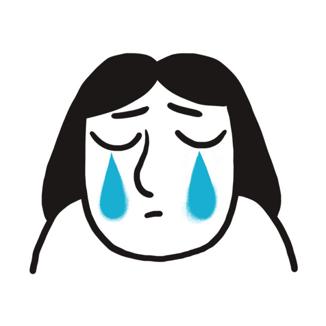 Einfache Zeichnung einer Person mit langen dunklen Haaren, geschlossenen Augen und großen blauen Tränen, die über ihre Wangen fließen und Traurigkeit oder Kummer ausdrücken.