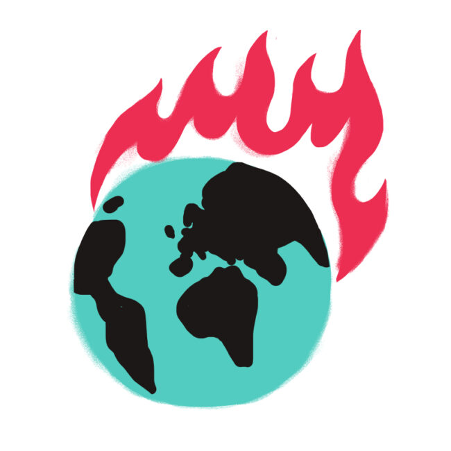 Eine Illustration des Planeten Erde mit roten Flammen über ihm, die die globale Erwärmung oder den Klimawandel symbolisieren.