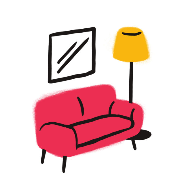 Eine einfache Illustration einer roten Couch, einer gelben Stehlampe und eines quadratischen Wandspiegels mit diagonalen Linien vor einem weißen Hintergrund.