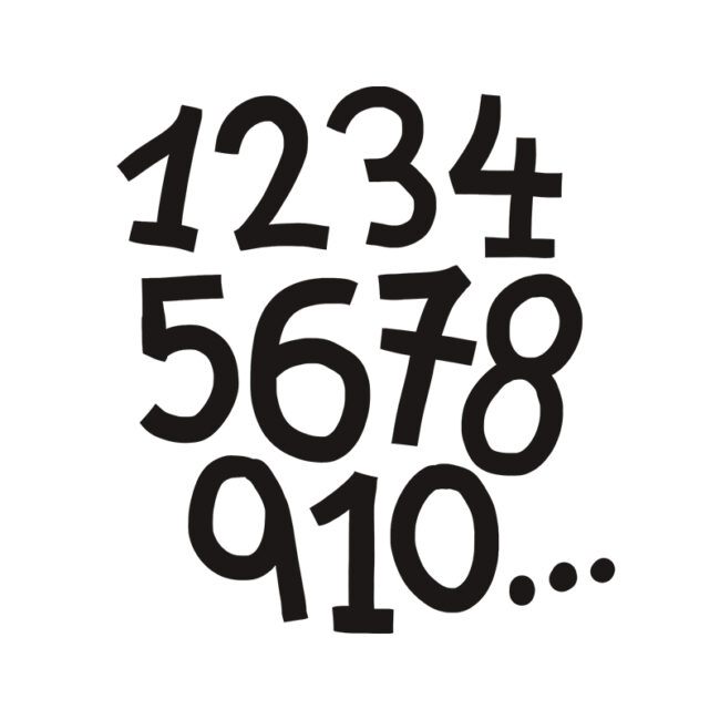 Schwarze Zahlen im Cartoon-Stil von 1 bis 10 in drei ungeraden Reihen auf weißem Hintergrund, gefolgt von drei schwarzen Punkten, die eine Fortsetzung anzeigen.