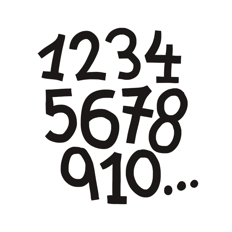 Schwarze Zahlen im Cartoon-Stil von 1 bis 10 in drei ungeraden Reihen auf weißem Hintergrund, gefolgt von drei schwarzen Punkten, die eine Fortsetzung anzeigen.