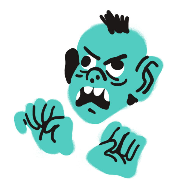 Cartoon-Zeichnung eines wütenden, blaugrünen Monsters mit schwarzen Haaren, großen Ohren, scharfen Zähnen und geballten Fäusten, die wie zum Kampf erhoben sind.