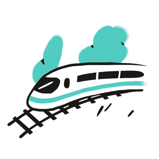 Eine einfache Illustration eines modernen Hochgeschwindigkeitszuges, der auf Eisenbahnschienen fährt, mit zwei stilisierten türkisfarbenen Bäumen im Hintergrund.