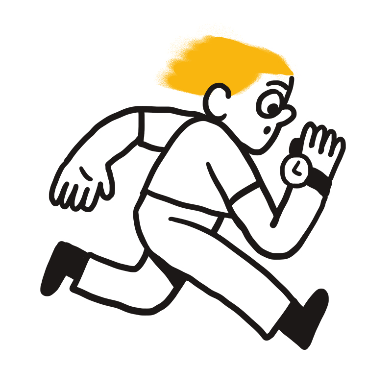 Cartoon-Illustration einer Person mit orangefarbenen Haaren, die schnell läuft und auf eine Uhr an ihrem Handgelenk schaut, was darauf hindeutet, dass sie in Eile ist. Der Hintergrund ist weiß.