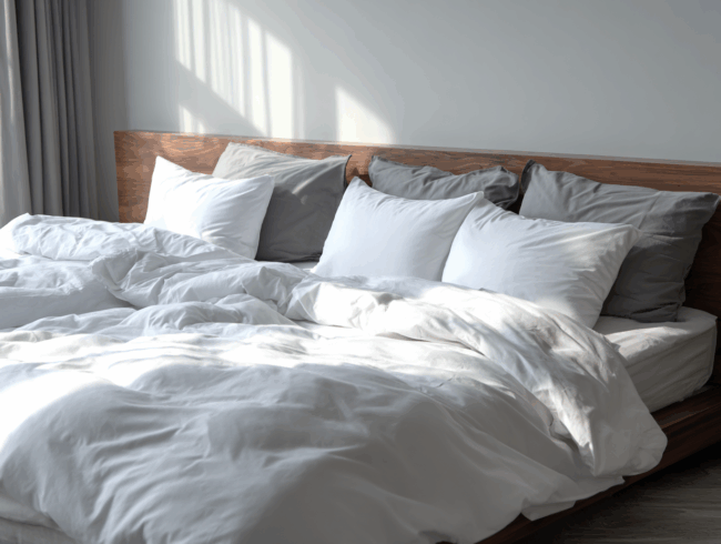 Ein ordentlich gemachtes Familienbett mit einem hölzernen Kopfteil, einer weißen Bettdecke und einer Mischung aus weißen und grauen Kissen, gebadet in natürlichem Sonnenlicht, das aus einem nahe gelegenen Fenster kommt - eine einladende Szene für jeden Ratgeber über gemütliche Schlafzimmer.