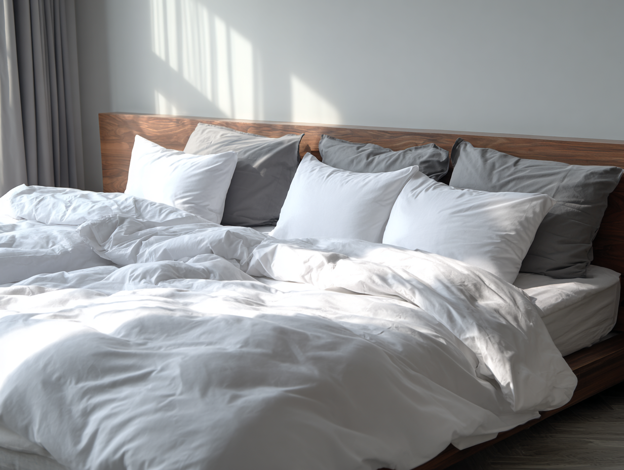 Ein ordentlich gemachtes Familienbett mit einem hölzernen Kopfteil, einer weißen Bettdecke und einer Mischung aus weißen und grauen Kissen, gebadet in natürlichem Sonnenlicht, das aus einem nahe gelegenen Fenster kommt - eine einladende Szene für jeden Ratgeber über gemütliche Schlafzimmer.