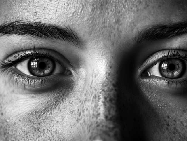 Schwarz-Weiß-Nahaufnahme des Gesichts einer Person, wobei der Schwerpunkt auf den Augen und dem oberen Nasenrücken liegt, wobei die strukturierte Haut, die Sommersprossen und die detaillierte Iris hervorgehoben und die subtilen Nuancen der Physiognomie eingefangen werden.