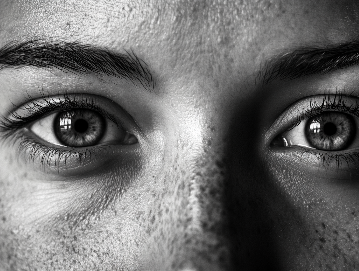 Schwarz-Weiß-Nahaufnahme des Gesichts einer Person, wobei der Schwerpunkt auf den Augen und dem oberen Nasenrücken liegt, wobei die strukturierte Haut, die Sommersprossen und die detaillierte Iris hervorgehoben und die subtilen Nuancen der Physiognomie eingefangen werden.