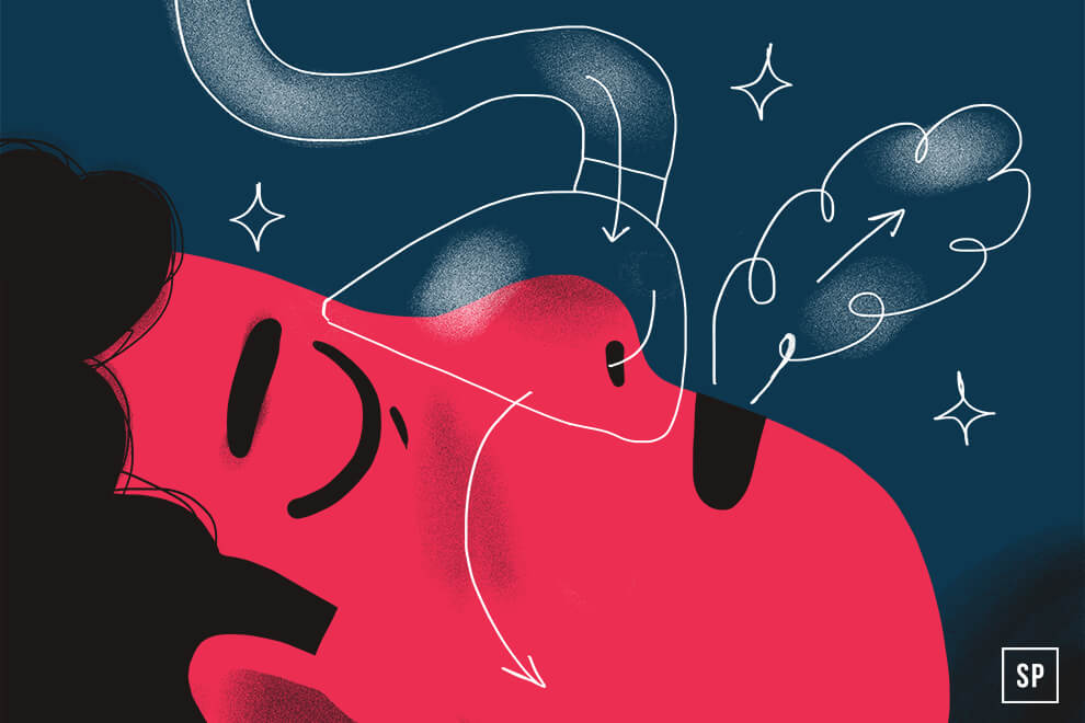 Illustration einer liegenden Person mit geschlossenen Augen, dargestellt in Rot und Schwarz. Pfeile und wolkenartige Grafiken zeigen den Luftstrom, der sich durch Nase und Mund bewegt, vor einem dunkelblauen Hintergrund.
