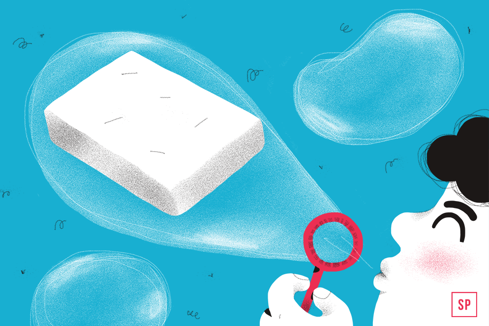 Eine illustrierte Person pustet Seifenblasen, von denen eine ein großes weißes Stück Seife enthält, vor einem blauen Hintergrund. Das rote SP-Logo befindet sich in der unteren rechten Ecke.