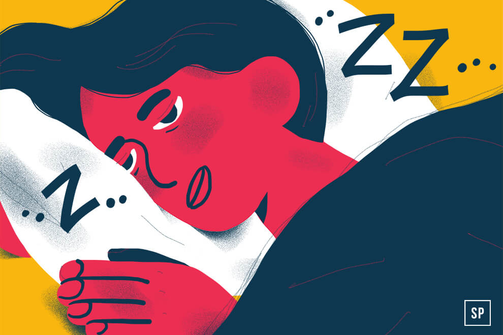 Illustration einer Person, die mit offenen Augen im Bett liegt und müde und unruhig zu sein scheint. Der gelbe Hintergrund und die Zzz-Symbole heben Schlafphänomene hervor, da die Person mit offenen Augen zu schlafen scheint, während sie mit Schlaflosigkeit zu kämpfen hat.