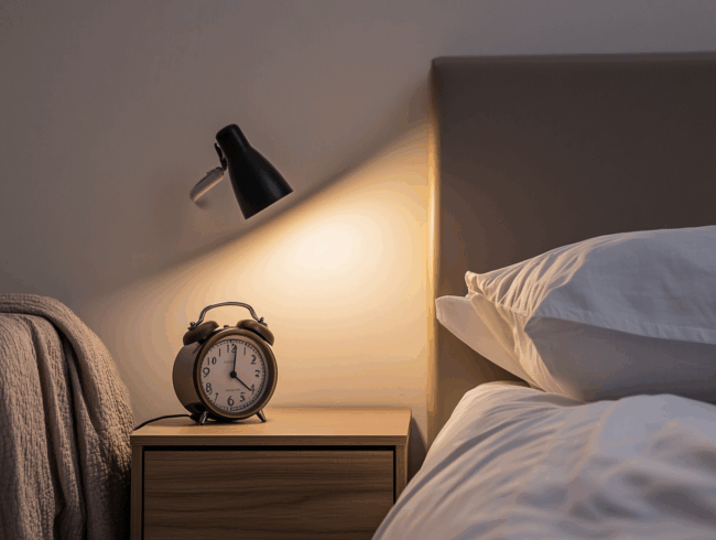 Ein Nachttisch mit einem Schlafphasenwecker, der 7:00 Uhr anzeigt, eine Wandlampe, die warmes Licht spendet, ein Bett mit weißen Laken und einer strukturierten Decke, die über die Seite drapiert ist.