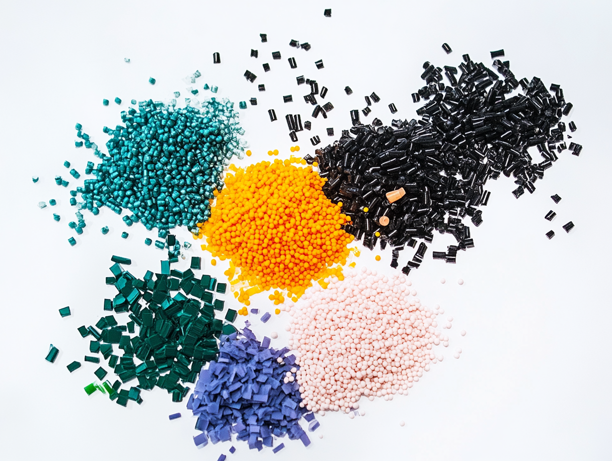 Fünf Stapel von Kunststoffpellets - die zur Herstellung von synthetischen Fasern verwendet werden - in den Farben Grün, Gelb, Schwarz, Lila und Rosa sind auf einem weißen Hintergrund angeordnet. Jeder Stapel besteht aus kleinen zylindrischen oder quaderförmigen Stücken.