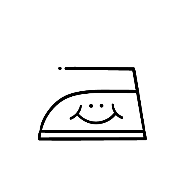 Eine einfache schwarze Umrisszeichnung eines Bügeleisens mit einem lächelnden Gesicht auf der Seite, vor einem schlichten weißen Hintergrund.