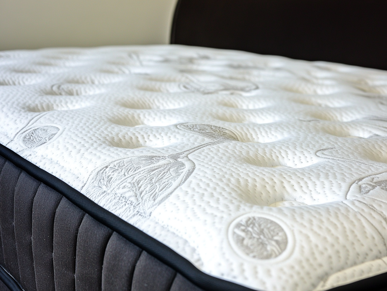 Nahaufnahme einer Matratze mit weißem Steppbezug, dezenten Blattmustern und einer gepolsterten Oberfläche. Die dunkle Stoffseitenwand kontrastiert den unifarbenen Hintergrund - keine Anzeichen von Matratze durchlegen für dauerhaften Komfort.