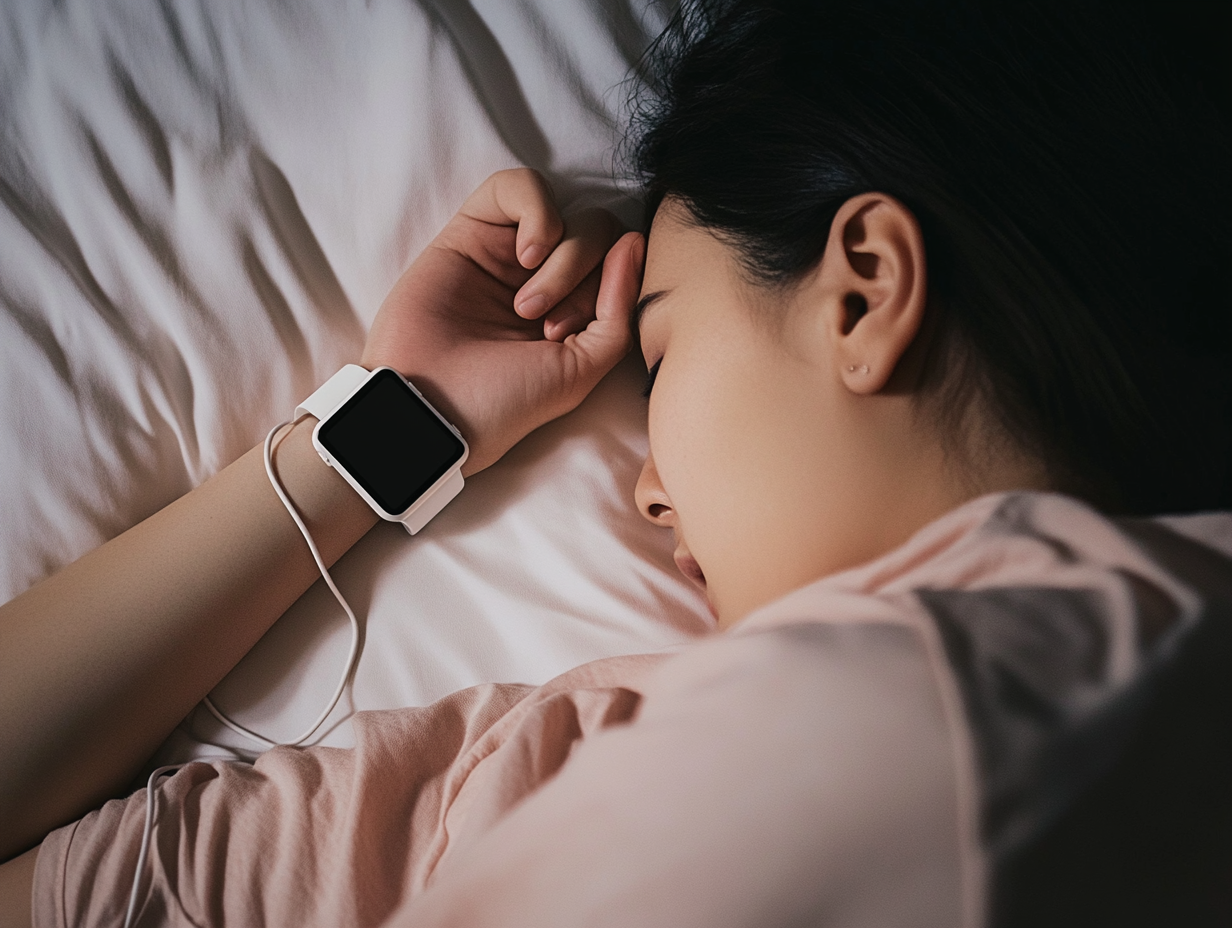 Eine Person schläft auf der Seite im Bett und trägt eine Smartwatch mit leerem Bildschirm, die an ihrem Handgelenk angeschlossen ist und aufgeladen wird - ideal für die Verfolgung der Schlafanalyse.
